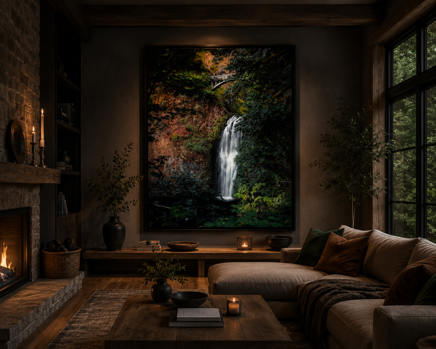 Moody waterfall photograph installed in a dark luxury residential lounge with fireplace